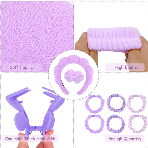 YISSION Purple Spa Headband & Wristband Set Skincare Headband & Wrist Bands for Washing Face Makeup Silk Hair Scrunchies Flower Hair Claw Clips Sp...