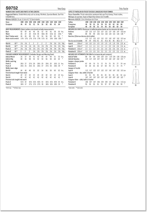 Simplicity Easy Women's Knit Skirts and Pants Sewing Pattern Packet, Code S9752, Sizes 20W-22W-24W-26W-28W, Multicolor...