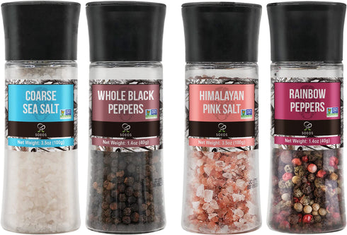 Soeos Spice Seasoning Set of 4, 9.8oz(277.82g), With Integrated Grinders, Salt and Pepper Grinder Set, Pure and Fresh Perfect for BBQ Seasoning Gi...
