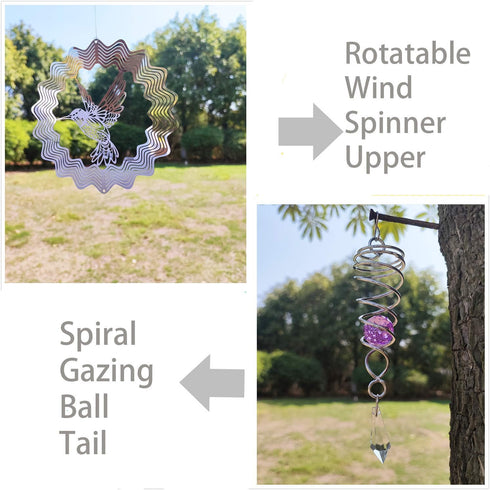 6" Hanging Wind Spinner with Sun Catcher Tail- Outdoor 3D Metal Decor Wind Spinner Yard Garden Outside Stainless Steel Spinner Gift Indoor Decorat...