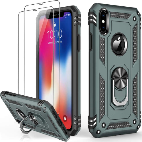 LUMARKE for iPhone Xs Max Case with Tempered Glass Screen Protector - Military Grade 16ft Drop Tested Cover with Magnetic Ring Kickstand, Protecti...