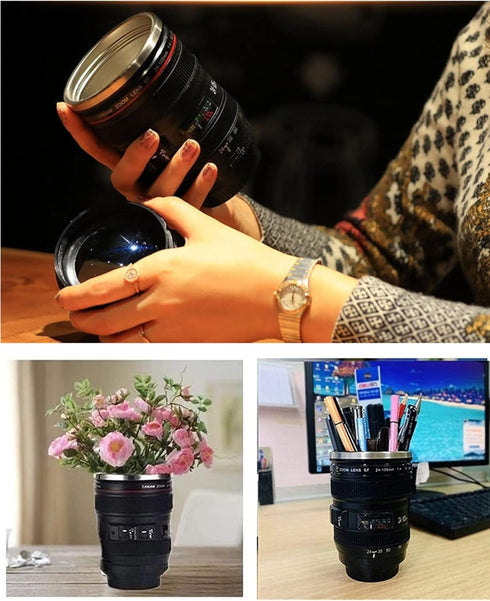 Camera Lens Coffee Mugs,Stainless Steel Lens Cups with Four Leaf Clover Spoon,Novelty Christmas Gifts for Photographers Sweeties Dad Men Women Pho...