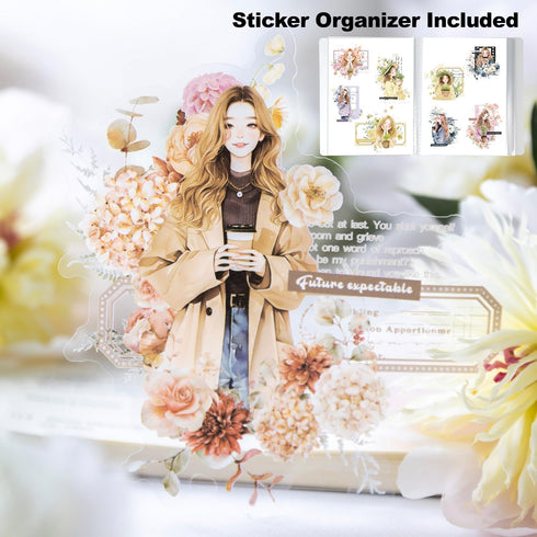 60Pcs Romantic Floral Girl PET Stickers, Scrapbook Stickers Kit for Journaling, Ephemera Packs for Junk Journals,with Sticker Organizer...