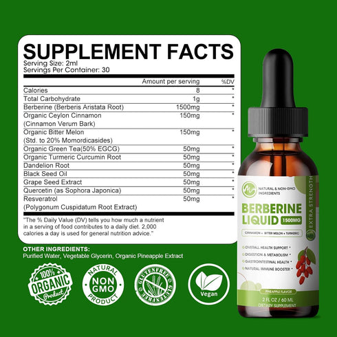 Berberine Supplement Liquid Drops, Berberine 1500mg with Ceylon Cinnamon, Turmeric, Resveratrol, Bitter Melon, & More-10X Extra Strength Vegan Sup...