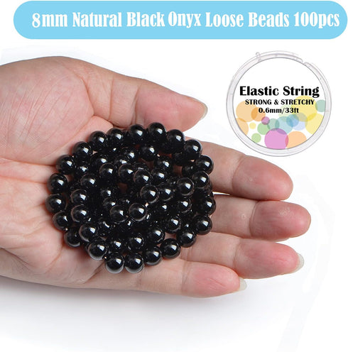8mm 100pcs Natural Black Onyx Gemstone Round Loose Beads for Jewelry Making with Crystal Stretch Cord...