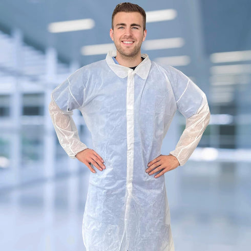 AMZ Disposable Lab Coat L. 35 GSM PP White Disposable Lab Coats for Adults. 1 Pack Knee-length Lab Coat with Long Sleeves, Elastic Wrists, Loop Fa...