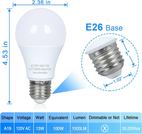 12 Pack LED Light Bulbs 100 watt Equivalent, Efficient 13W, Daylight White 5000K, E26 Medium Base, A19 Standard Light Bulbs, 120V, Non-Dimmable...