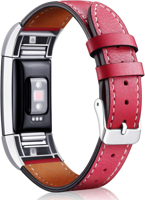 Replacement Leather Band Compatible with Fitbit Charge 2, Classic Genuine Leather Wristband for Men Women(Red-Silver Buckle)...