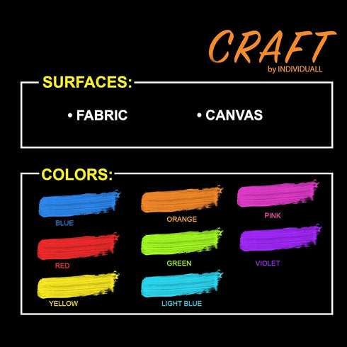 individuall Craft Textile & Fabric UV Paint - Set of 8 Fabric Neon Black Light Paints - Fluorescent Clothing Colors – Vibrant Glowing Paints - 8 x...