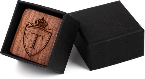 Mens Initial Silver Cufflinks A-Z Alphabet Letter Steel Cuff Links with Engraved Walnut Wood Box Groom Groomsman Wedding Set…...