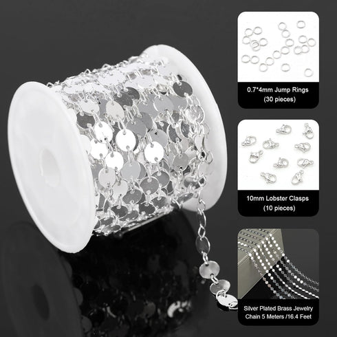 YOUBEIYEE 16.4 Feet Silver Sequin Chains for Jewelry Making Silver Plated Brass Jewelry Chain Roll with Jump Rings and Lobster Clasps...