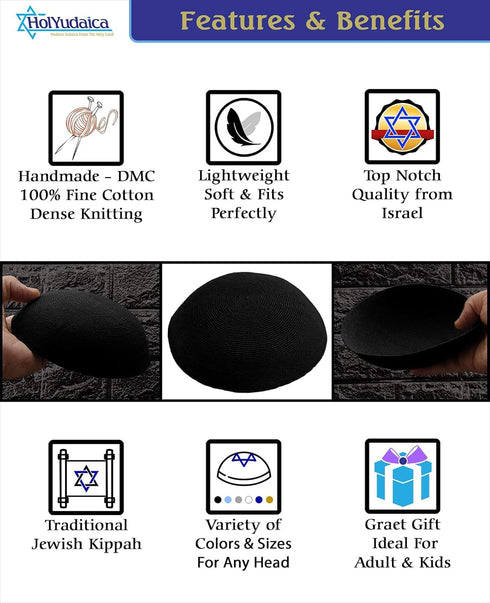 Hand Made 100% Cotton DMC Hand Knitted Kippah Hat from Israel, Hats for Men, Yarmulke Hat, Kippah for Men and Kids (Black, 20cm-7.9inch-Flat)...