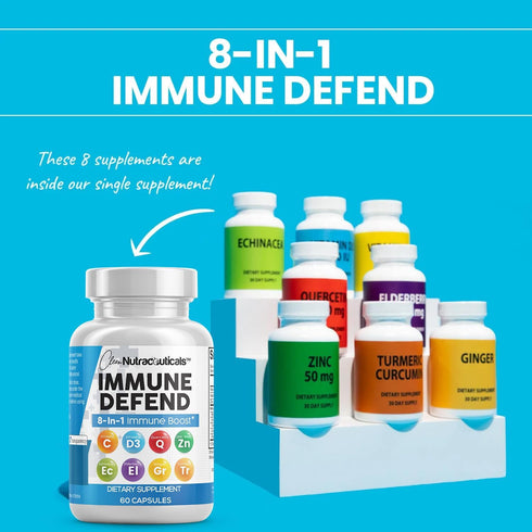 Clean Nutraceuticals Immune Defense Support Supplement 8 in 1 with Zinc 50mg Quercetin, VIT C 1000mg, Vitamin D3 5000 IU, Elderberry, Ginger - Imm...