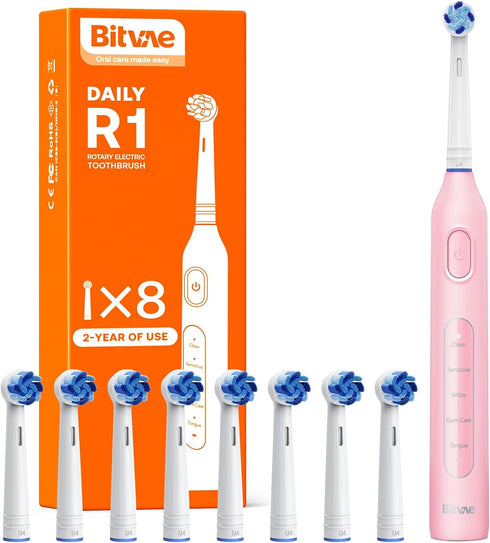 Bitvae R1 Rotating Electric Toothbrush with 8 Brush Heads for Adults and Kids, 5 Modes Rechargeable Power Toothbrush, 3 Hours Fast Charge for 60 D...