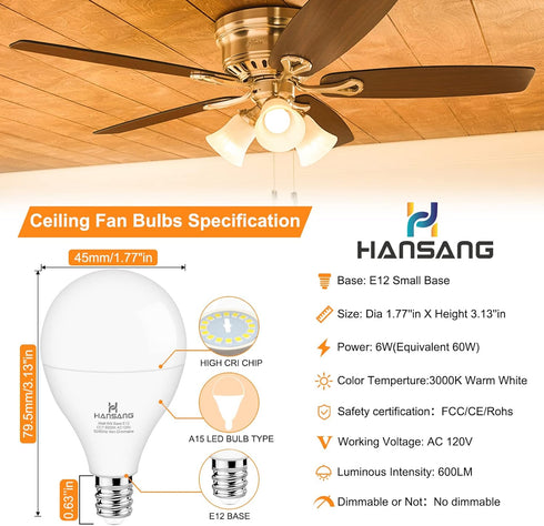 hansang Ceiling Fan Light Bulbs E12 Small Base, 60W Equivalent Light Bulb, 3000K Warm White, LED Candelabra Small Light Bulbs, A15 Round Chandelie...