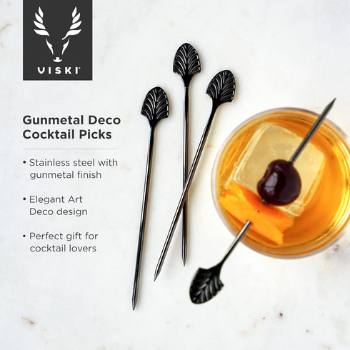 Viski Gunmetal Art Deco Cocktail Picks - Heavy Duty Toothpicks Stainless Steel Metal Drink Skewers Barware Accessories - Black 5inch Set of 4...