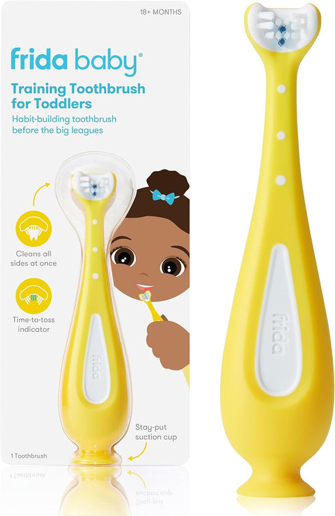 Frida Baby Training Toothbrush, Toddler Toothbrush for 18-24 Months, Easy-Grip Handle, Triple Angle Bristles, Soft Toothbrush Bristles, Stay-Put S...