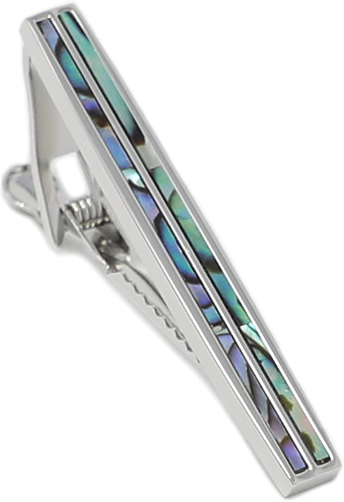 Classic Rhodium Plated Two Line Abalone Tie Clip With Box Abalone Stripe Tie Bar...