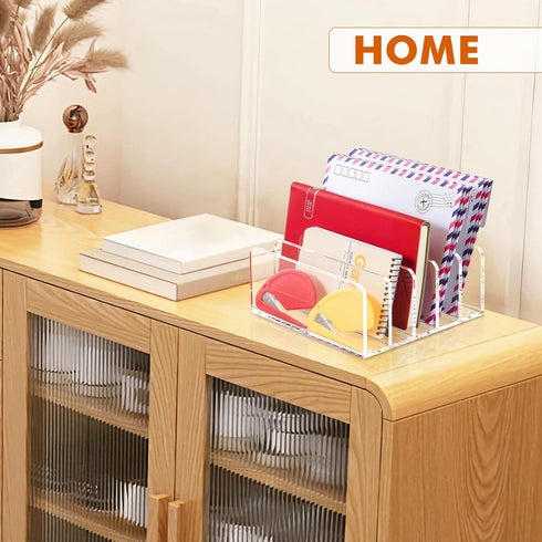 BEYGORM Acrylic Mail Holder, Clear Desk Organizer with Divider, Vertical Letter Sorter for Desktop, 5 Compartments Modern Office Home Envelope Org...