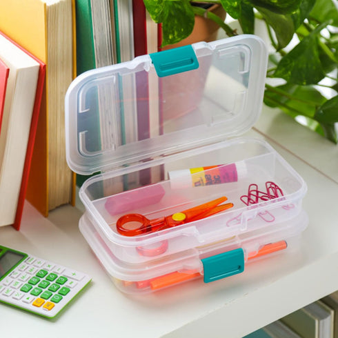 Sterilite Small Divided Pencil Box, Stackable Plastic Small Storage Container with Latching Lid, Organize Pens and Small Items, Clear Case, 12 Pac...