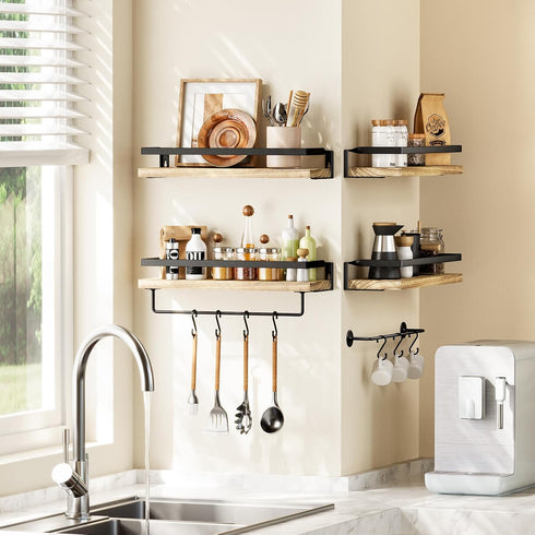 AMADA HOMEFURNISHING Bathroom Shelves with Towel Bar, Floating Shelves, Wall Shelves for Bathroom/Living Room/Kitchen/Bedroom, Light Brown Shelves...