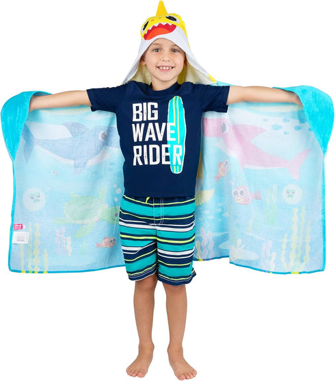 Franco Baby Shark Bath/Pool/Beach Soft Cotton Terry Hooded Towel Wrap, 24 in x 50 in, Kids...
