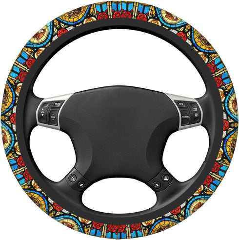 Beauty and Beast Fairytale Glass Elastic Steering Wheel Cover, Universal 15 Inch Suitable for Women, Non-Slip Car Accessories...