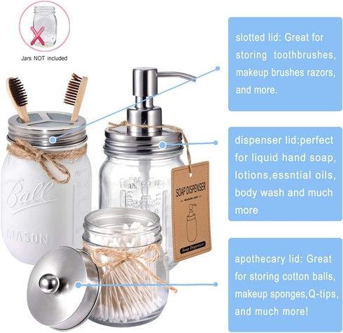 Mason Jar Bathroom Accessories Lids Set(4pcs) -Jars Not Included -Soap Dispenser,Toothbrush Holder,and Apothecary Jars Lids for Regular Mouth Maso...
