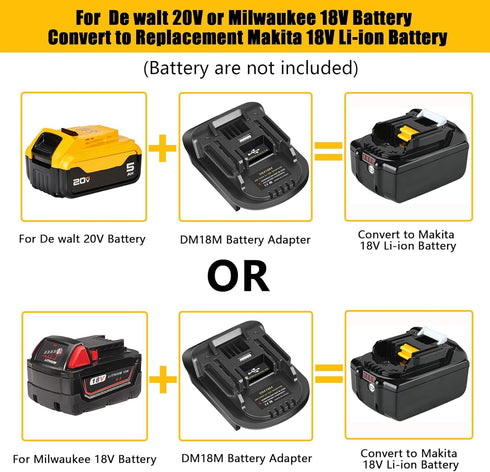 JYJZPB DM18M Battery Adapter with USB Charging Socket for Dewalt 20V Battery & Milwaukee M18 18V Lithium Battery Converter to Makita 18V BL1830 BL...