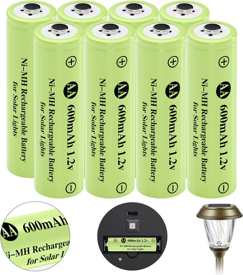 Ni-MH Rechargeable AA Batteries, AA 600mAh 1.2V Solar Batteries for Garden Landscaping Outdoor Solar Lights, String Lights, Pathway Lights (8 Pack...