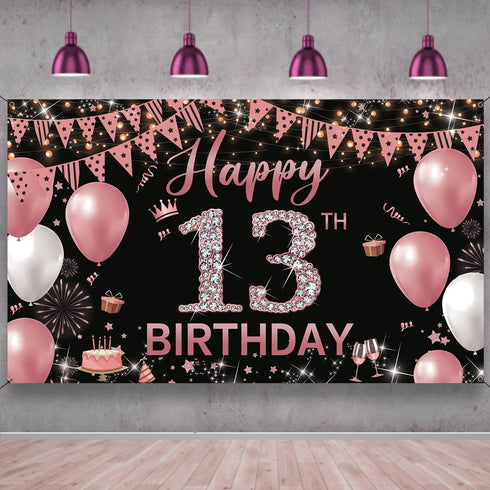 13th Birthday Decorations Backdrop Banner, Happy 13th Birthday Decoration for Girls, Rose Gold Birthday Photography Background, 13 Year Old Birthd...