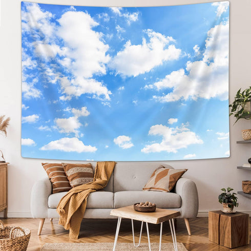 Light Blue Wall Decor Tapestry Blue Sky White Clouds Natural Landscape Tapestries Wall Art Hanging, Summer Sunny Peace Nature Aesthetic Tapestry f...