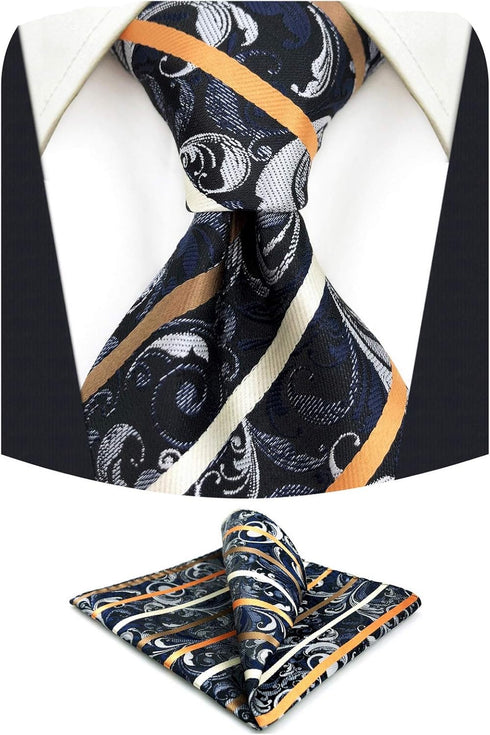 S&W SHLAX&WING Tie Sets for Men Dark Gray Neck Tie Brown Striped Extra Long Necktie with Pocket Square Set...