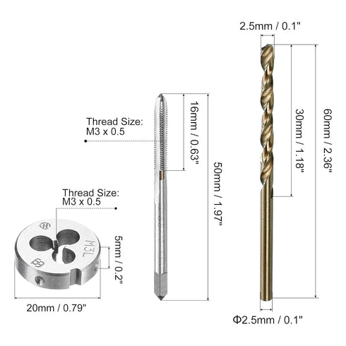 uxcell Tap and Die and Drill Bit Set, M3 x 0.5 Left Hand Thread Milling Tap and Round Die, 2.5mm Cobalt High Speed Steel Twist Drill Bit...