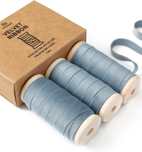 Vitalizart Dusty Blue Velvet Ribbon Set 3/8" x 15Yd Wooden Spool Fabric Trim Eco-Friendly 3 Rolls * 5Yd for Christmas Wreath Decoration Handmade C...