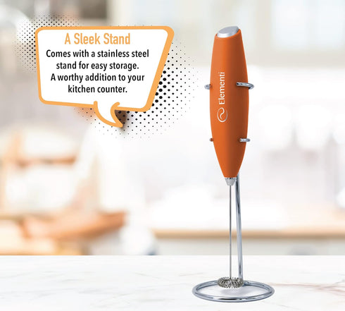Elementi Handheld Milk Frother with Stand - Mini Mixer for Powder Drinks - Handheld Frother for Coffee - Electric Wisk - Hand Mixer Cordless - Spe...