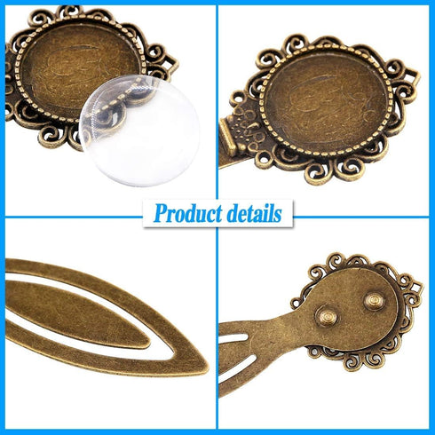 Glarks 12-Pieces Mixed Metal Antique Bronze Bookmark Sets, 6 Styles Round and Oval Alloy Trays and Glass Cabochons for Reading Gift Crafting DIY B...