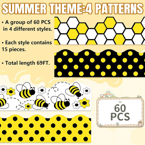 Whaline 69Ft Summer Bee Bulletin Board Borders Bee Honeycomb Dot Flower Self-Adhesive Bulletin Board Trim for Summer Bee Day Decoration Party Home...