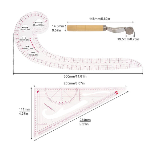 3pcs Clothing Patterning Ruler Sew French Curve Ruler Metric Shaped Plastic Sewing Tools Include Curve Ruler Triangular Ruler Tracing Wheel for Be...