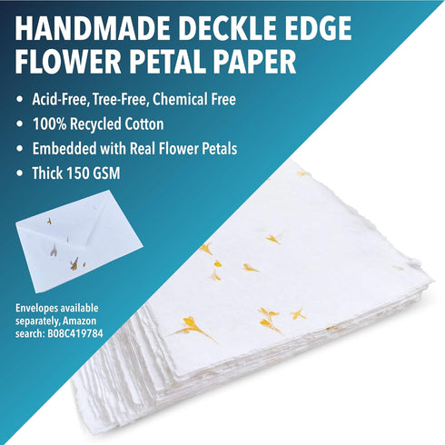 Wanderings Handmade White Deckle Edge Paper Cards with Real Flower Petals - 4"x6" Package of 50 - Paper for Cards for Announcements, Invitations, ...