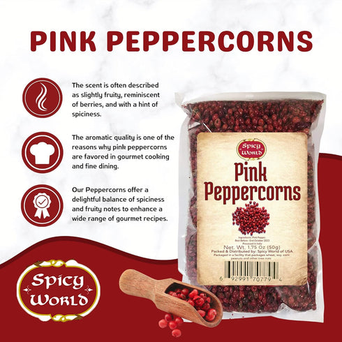Spicy World Pink Peppercorns Whole 1.75Oz Bag - Steam Sterilized, Vegan, Premium Quality Whole Peppercorns...