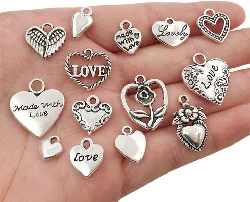 WOCRAFT 100 pcs Mix Antique Silver Heart Beads Charms for Jewelry Making Valentine's Day Wedding Heart Charms (M602-Charms)...