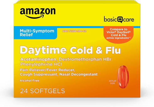 Amazon Basic Care Daytime Cold and Flu Relief Softgels, Non-Drowsy Cold Medicine, Relief of Pain, Fever, Cough, Sore Throat, Nasal Congestion, 24 ...