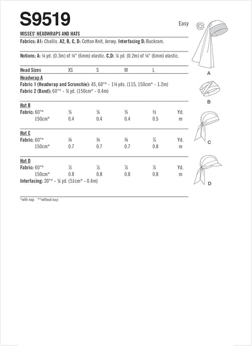 Simplicity Head Wraps and Hat Sewing Pattern Kit, Code S9519, Sizes XS-S-M-L, Multicolor...