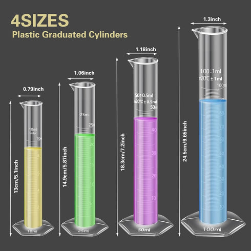 4PCS Plastic Graduated Cylinders, 10ml 25ml 50ml 100ml Measuring Cylinders Set with 4PCS Pipettes,1PCS Plastic Funnel and 2PCS Brush,for School an...