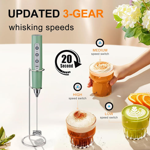YUSWKO Granite Rechargeable Milk Frother for Coffee with Stand, Handheld Drink Mixer with 3 Heads 3 Speeds Electric Stirrers for Latte, Cappuccino...