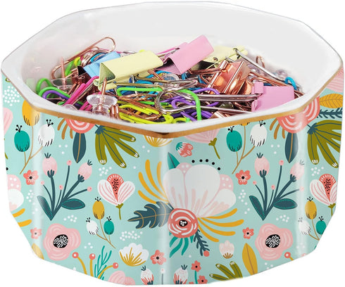 Ceramic Paper Clip Holder Gold Line Paper Clip Dispenser Organizer for Desk Cute Floral Pattern Office Binder Clip Holder Bobby Pin and Hair Clip ...