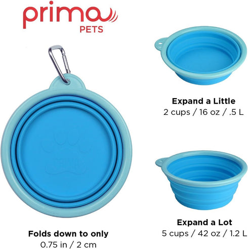 Prima Pet Collapsible Silicone Food & Water Travel Bowl with Clip for Dog and Cat (Large (5 Cups) + Bottle Holder, Aqua)...