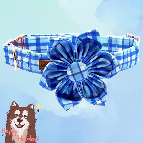 Elegant little tail Dog Collar with Flower - Blue Plaid Dog Collar Cute Flower Collar Adjustable Dog Collar for Large Dog...