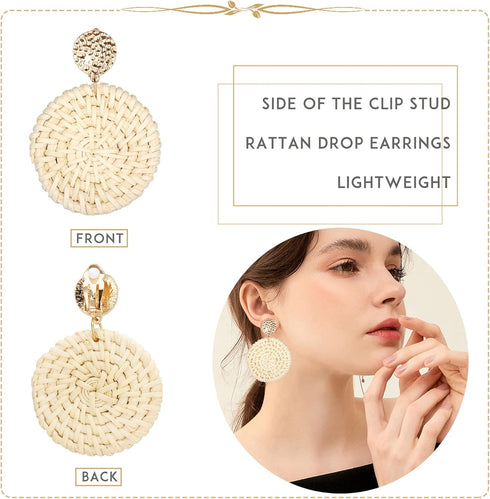 FINREZIO 9 Pairs Clip on Drop Earrings for Women Statement Rattan Resin Acrylic Drop Dangle Earrings Lightweight Geometric Rattan Tassel Hoop Drop...